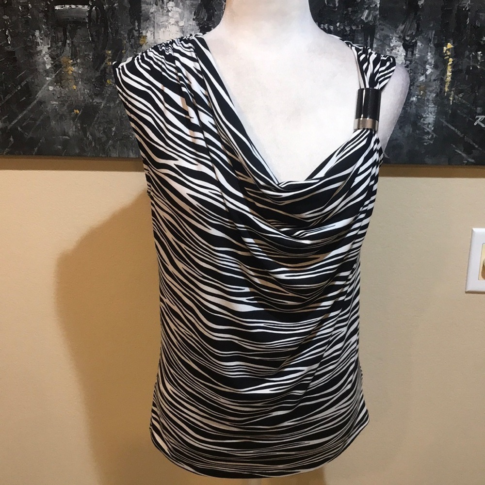 Michael Kors B&W Zebra Sleeveless Cinched Shoulder Draped Neckline Top-Size S